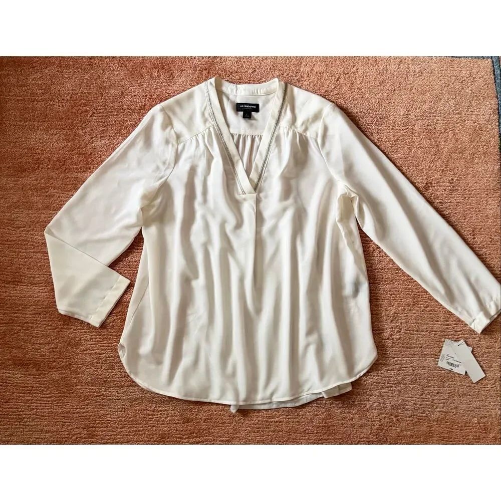 Liz Claiborne Career L Crema Long Sleeve V Neck Blouse NWT